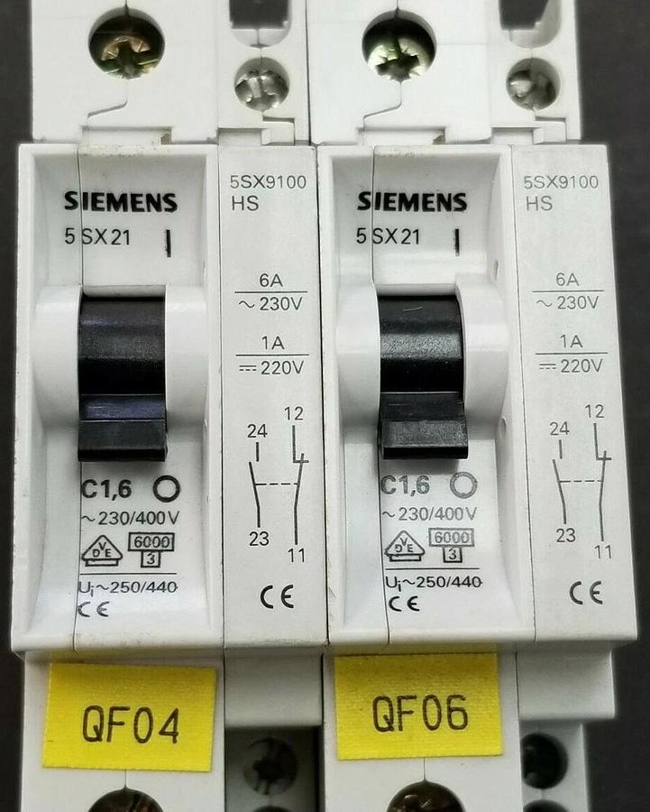 Used LOT OF 2 SIEMENS 5SX21-C1-6 CIRCUIT BREAKERS W/ 5SX9100-HS CONTACT BLOCKS