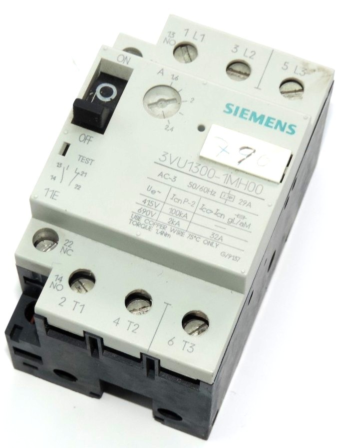 Used SIEMENS 3VU1300-1MH00 STARTER MOTOR PROTECTOR, AC-3, 50/60HZ, 29A, 3VU13001MH00