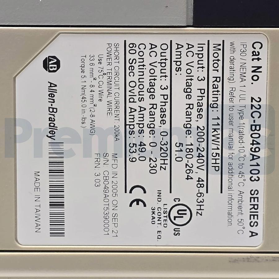 Used Allen Bradley 22C-B049A103 /A PowerFlex 400 Fan/Pump Drive 15HP 240V 49A REFURB