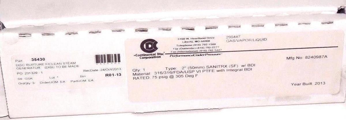 Used NIB CONTINENTAL DISC 8240987A 2" SANITRAX RUPTURE DISC 290447 W/ BDI ALARM STRIP