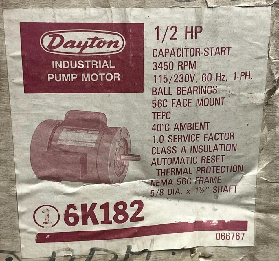 Dayton 6K182 General Purpose Motor | 1/2 HP, 3450 RPM, 115/230V, 56C Frame, TEFC