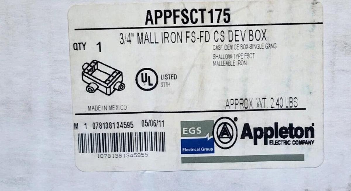 Used NEW EGS APPLETON APPFSCT175 3/4'' MALLABLE IRON FS-FD CS DEV BOX
