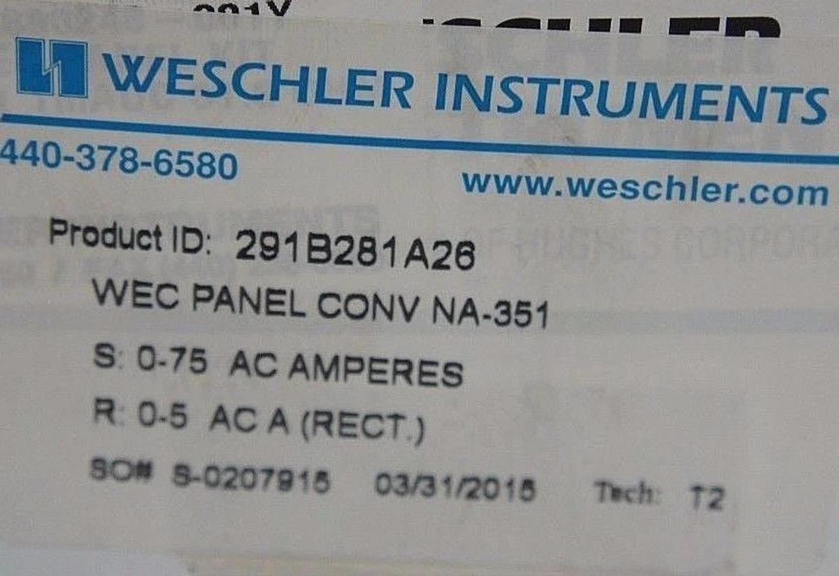 NIB WESCHLER INSTRUMENTS 291B281A26 PANEL METER 0-75 AC AMPERES