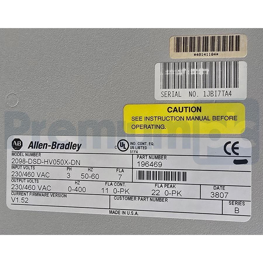 Allen Bradley 2098-DSD-HV050X-DN /B Ultra3000i Servo Drive 3Ph/460V F/W V1.52