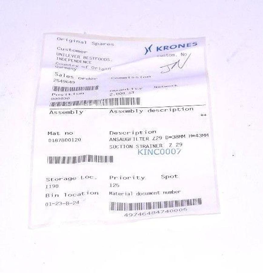 Used KRONES 0187800120 SUCTION STRAINER Z 29