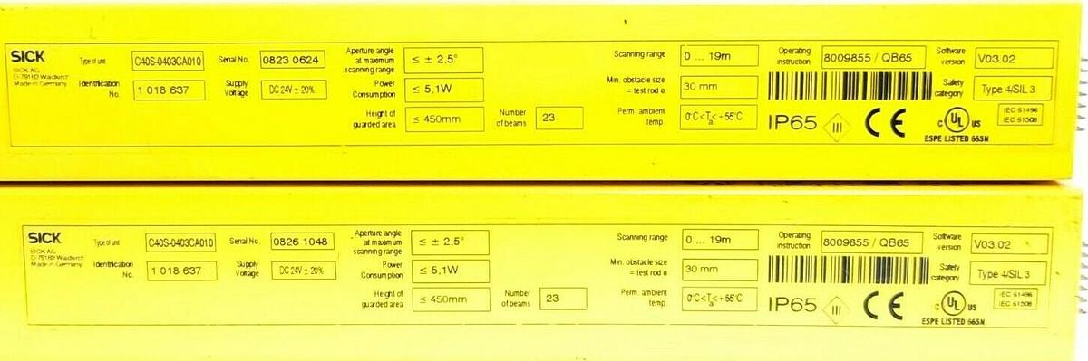 Used LOT OF 2 SICK C4000 SAFETY LIGHT CURTAINS C40S-0403CA010 RANGE: 0...19M