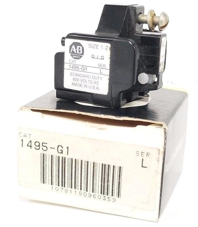 Used ALLEN BRADLEY 1495-G1 AUXILIARY CONTACT SIZE 1-2, 600V, 1495G1, SER. L (IN BOX)