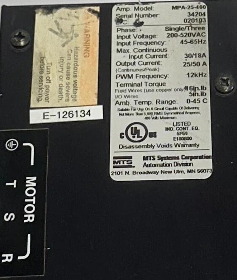 Used MTS MPA-25-460 / MPA25460 SERVO DRIVE CONTROLLER 200-520VAC 1/3 PH 25/50A USPI