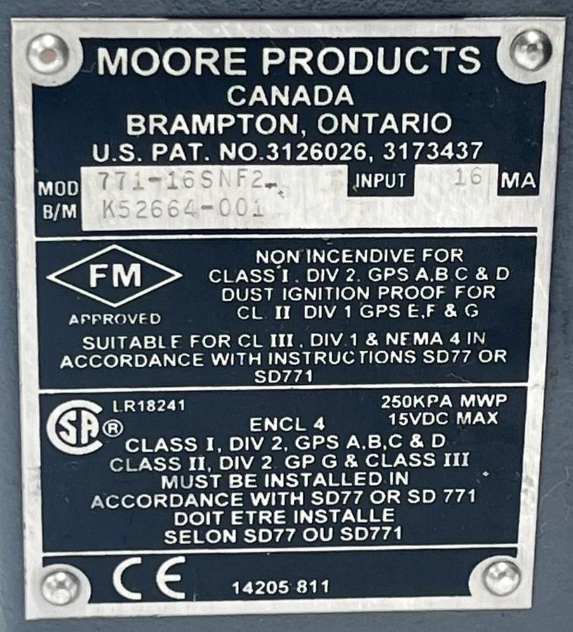 Used MOORE 771-16SNF2 | 77116SNF2 I/P Transducer 4-20mA Input 3-15 PSI Output XLNT