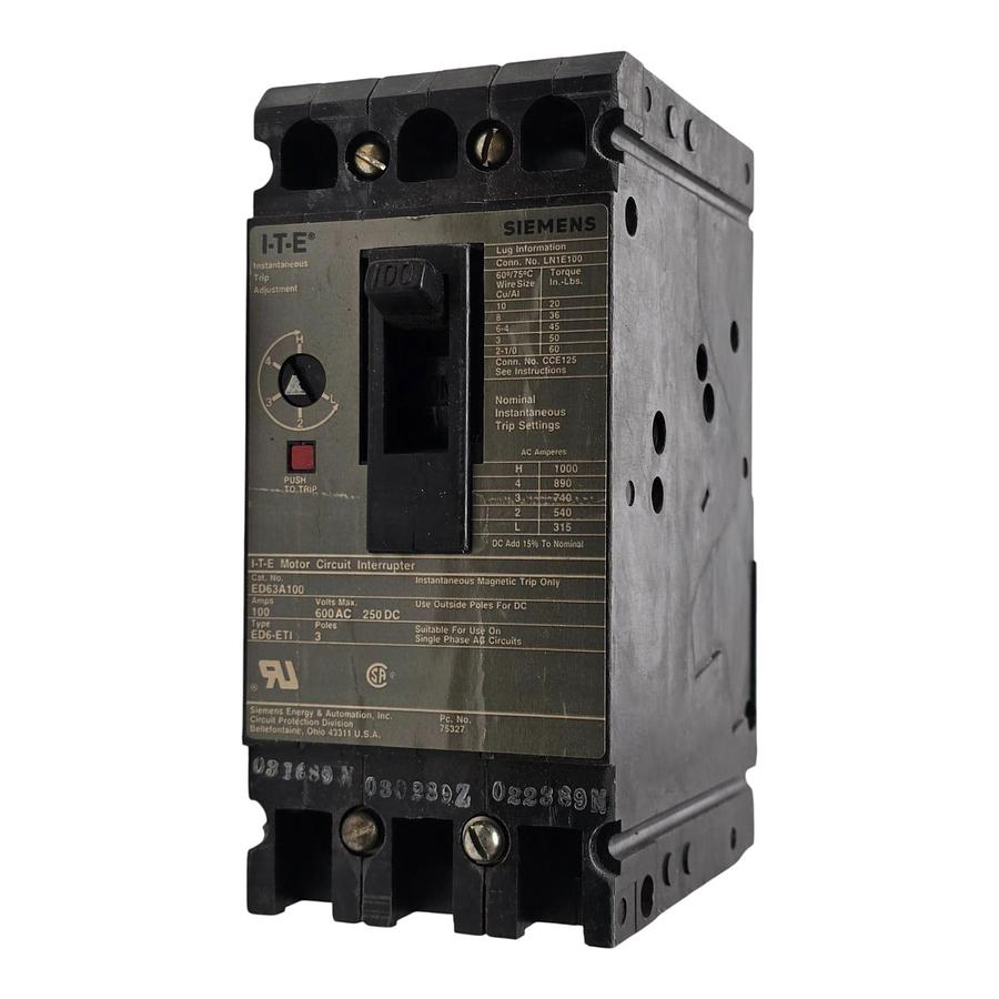 Used Siemens I-T-E ED63A100 Sentron Circuit Breaker | 100A 600V 3P | ED6-ETI w/Trip
