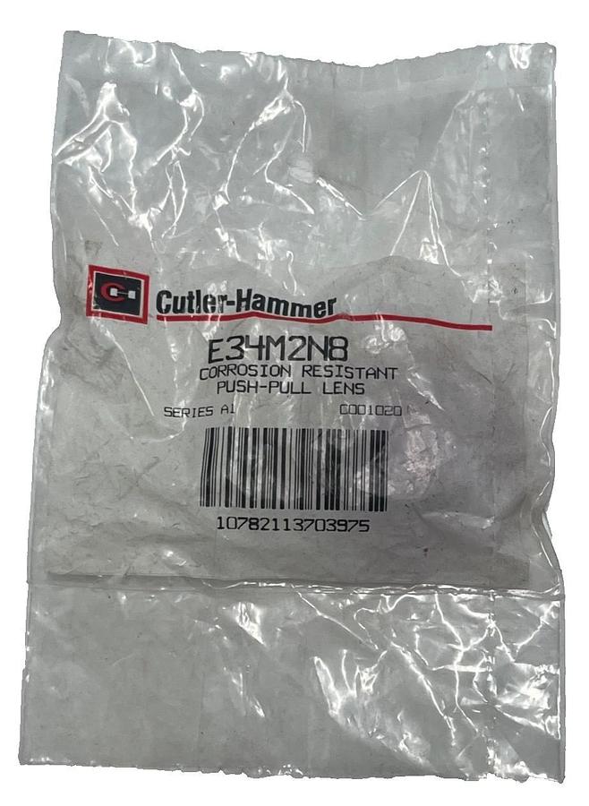 Used Cutler-Hammer E34M2N8 Red "EMERGENCY STOP" Lens for 30.5mm Illuminated Push-Pull