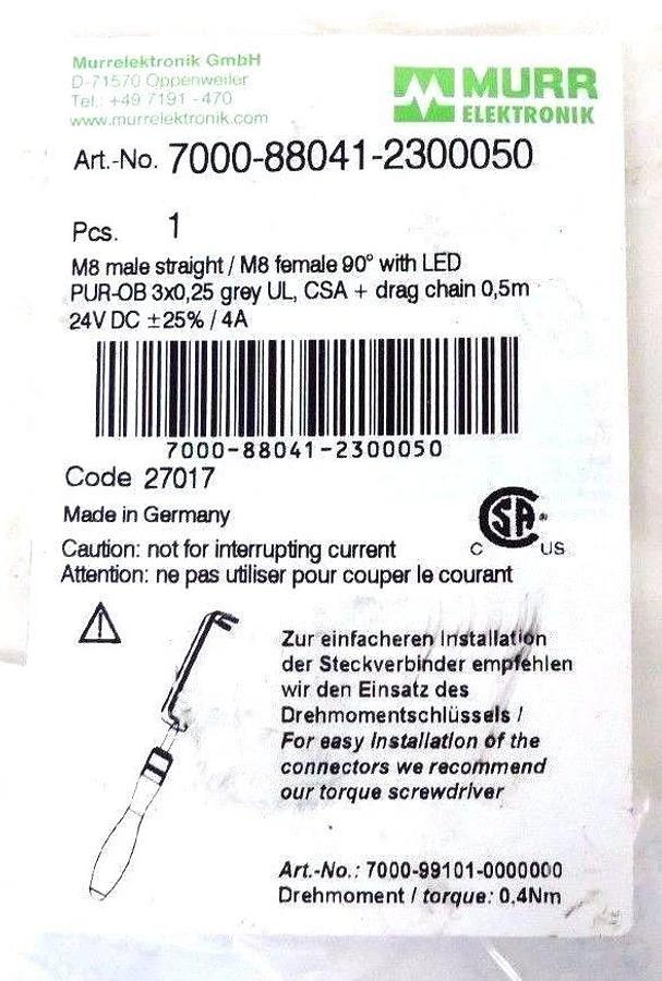 NIB MURR ELEKTRONIK 7000-88041-2300050 M8 MALE/FEMALE CONNECTOR 24VDC, 4A