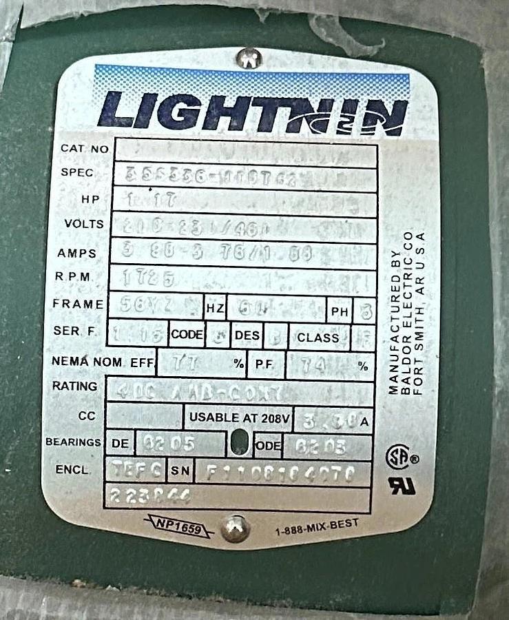 BALDOR 35S336-0087G2 / 223844 LIGHTNIN ELECTRICAL MOTOR 1.17HP 3PH TEFC NSMP