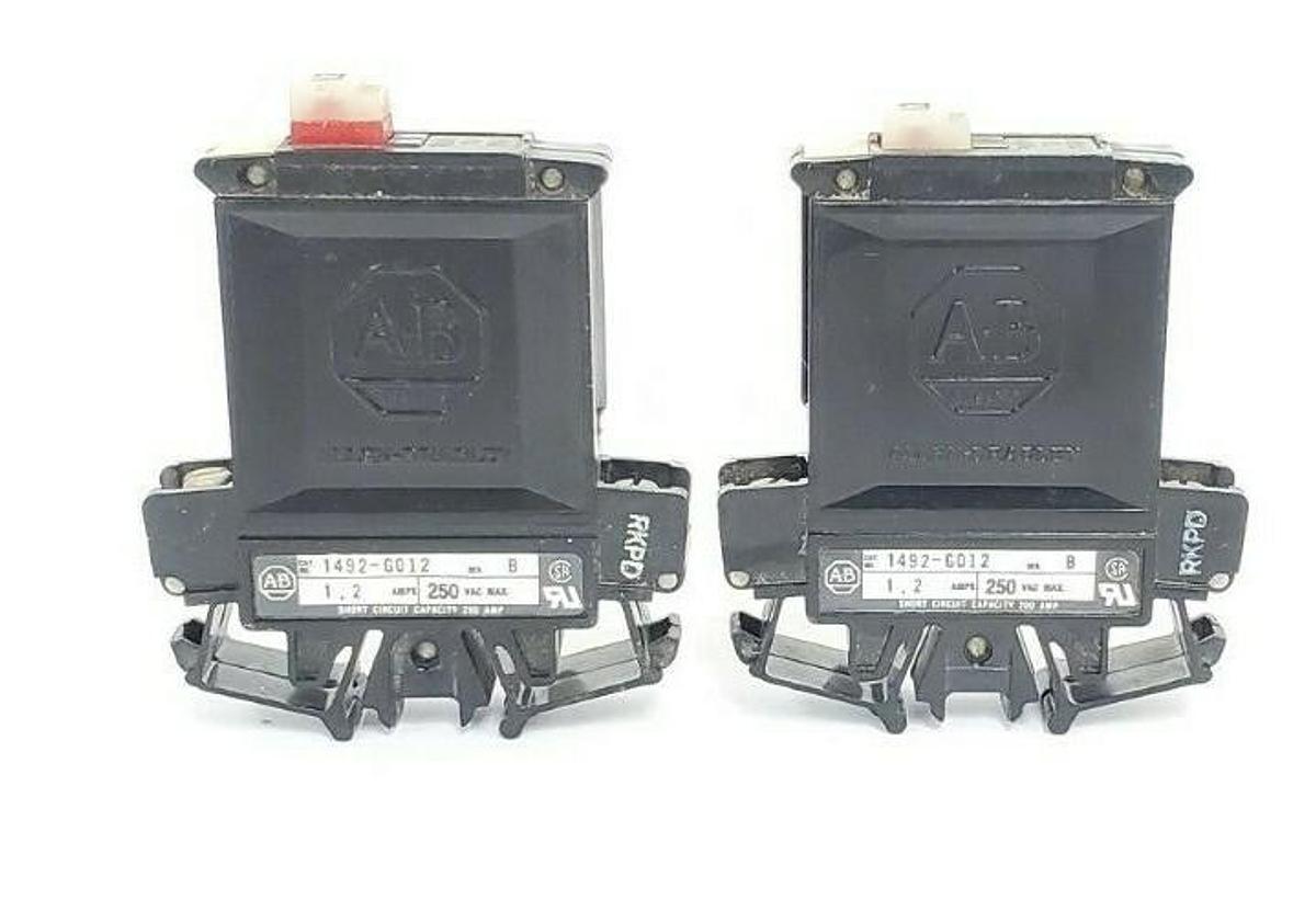 Used LOT OF 2 ALLEN BRADLEY 1492-G012 CIRCUIT BREAKERS 1.2AMP 1POLE 250VAC, SER. B