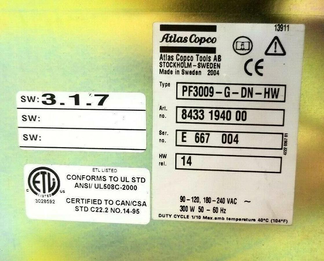 Used ATLAS COPCO PF3009-F-DN-HW TENSOR S9 W/ ETV S9-180-13-CTADS NUTRUNNER AND CABLES