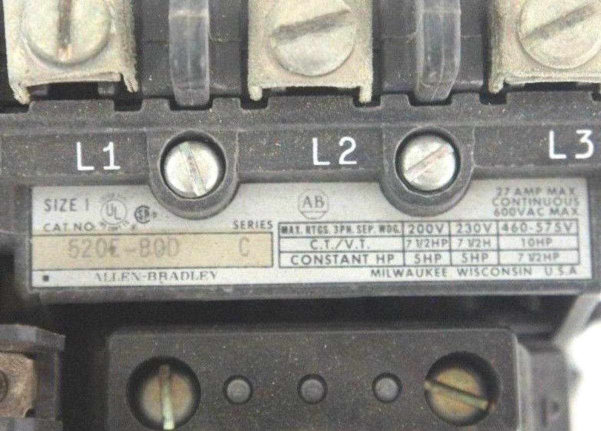 Used ALLEN BRADLEY 520E-BOD REVERSING STARTER SIZE 1 SER. C W/ 500F-BOD93 SER.B
