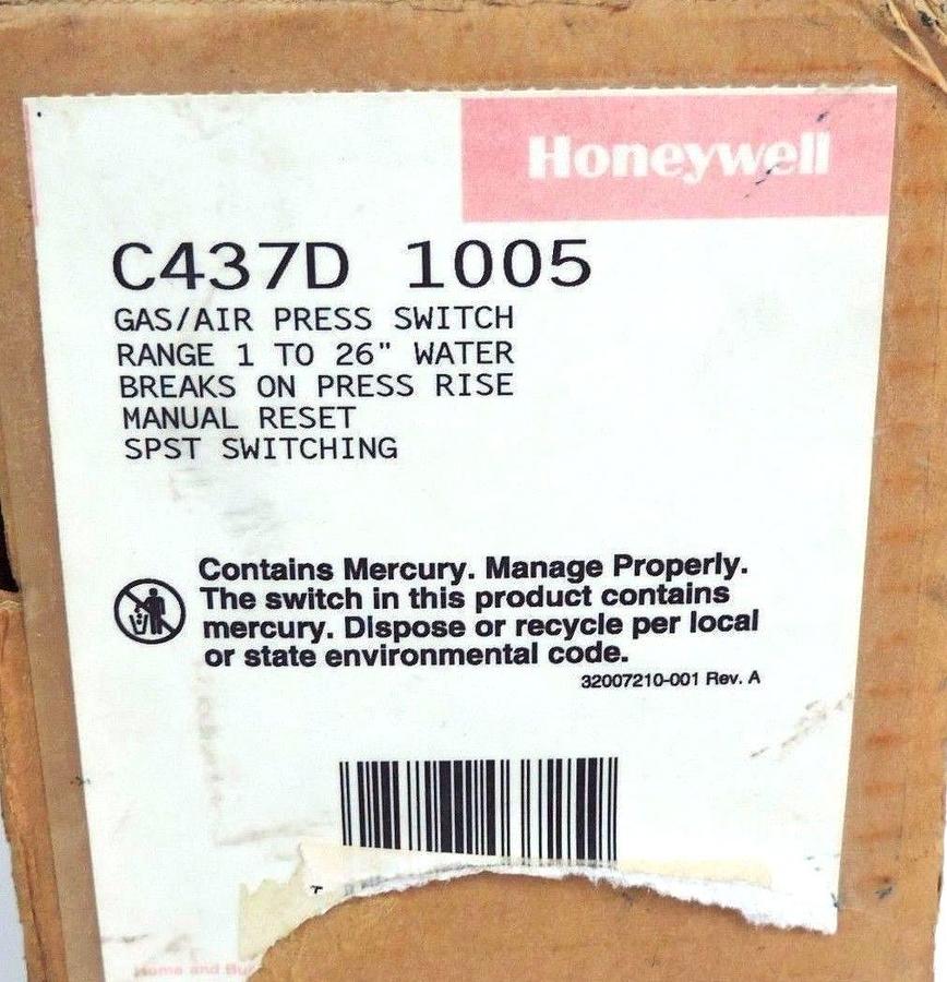 Used NIB HONEYWELL C437D 1005 GAS/AIR PRESSURE SWITCH 1-26'', C437D1005