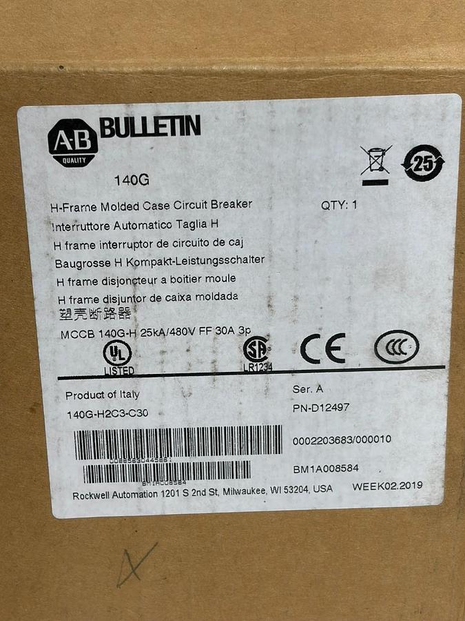 Used Allen Bradley Bulletin 140G-H2C3-C30 Molded Case Circuit Breaker 30A H-Frame Box