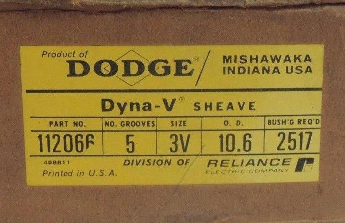 NEW DODGE 112066 DYNA-V SHEAVE SIZE 3V, 5 GROOVES, O.D. 10.6" 2517 BUSHING REQ'D