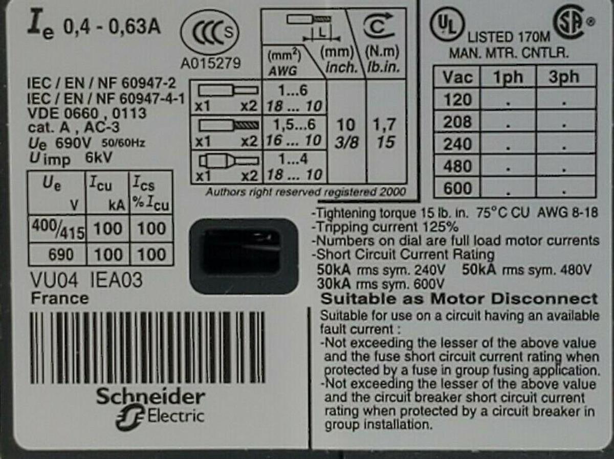 Used NEW TELEMECANIQUE GV2-ME04 MOTOR CIRCUIT BREAKER 0.40-0.63A 034301 GV2ME04