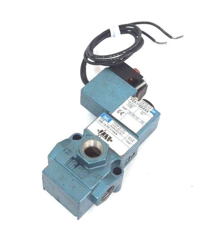 Used MAC 55B-12-PE-116AA VALVE W/ PED-116AAAA, 6.8 WATTS, 30 TO 150 PSI CRACK ON COIL