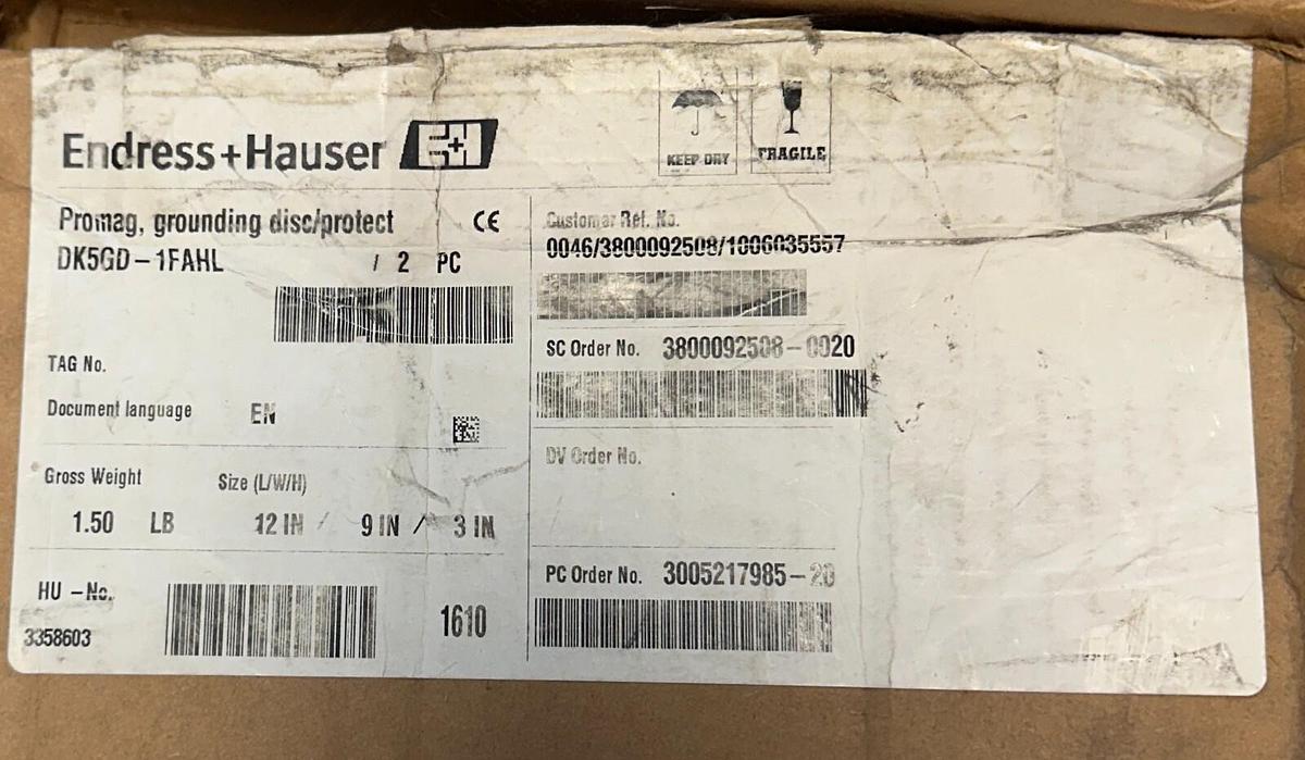 Used ENDRESS+HAUSER DK5GD-1FAHL / 50097695 PROMAG GROUNDING DISC 6'' OEM NSNP