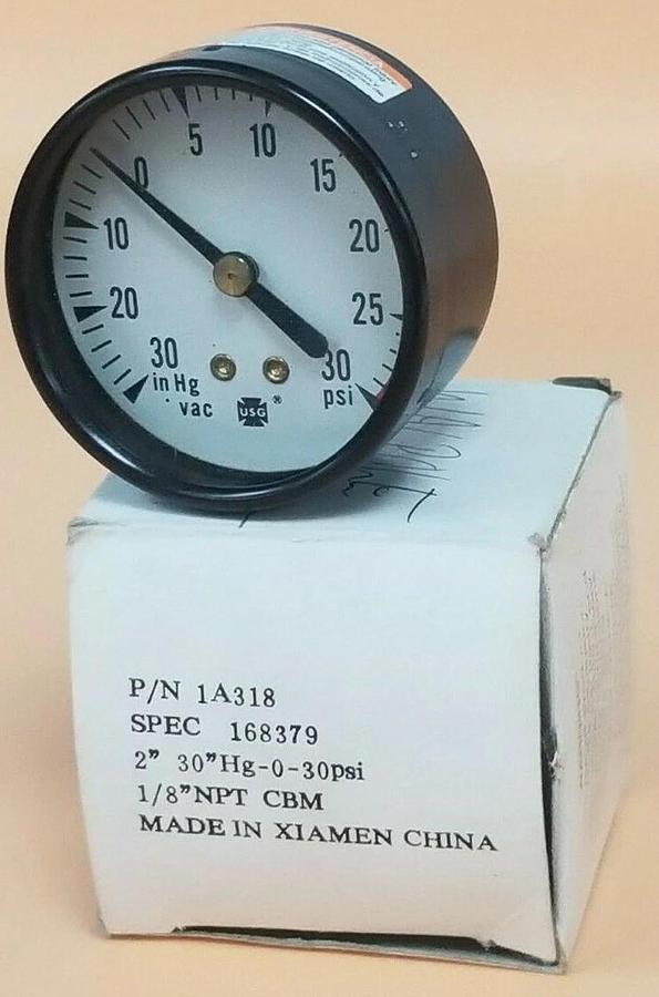 Used NIB USG 1A318 PRESSURE GAUGE 1/8IN NPT 30INCH HG SPEC 168379, 2''