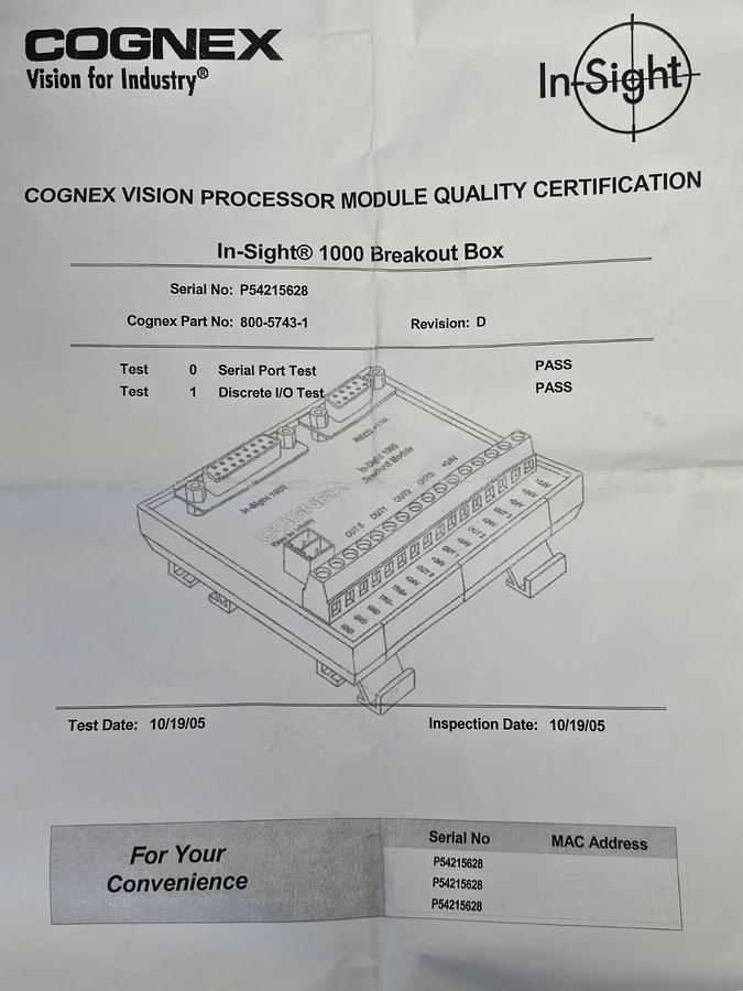 NIB COGNEX 800-5743-1D IN-SIGHT 1000 BREAKOUT BOX 800-5743-1 REVISION: D