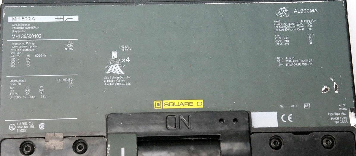 Used NEW SQUARE D MHL365001021 MOLDED CASE CIRCUIT BREAKER 600V 500A