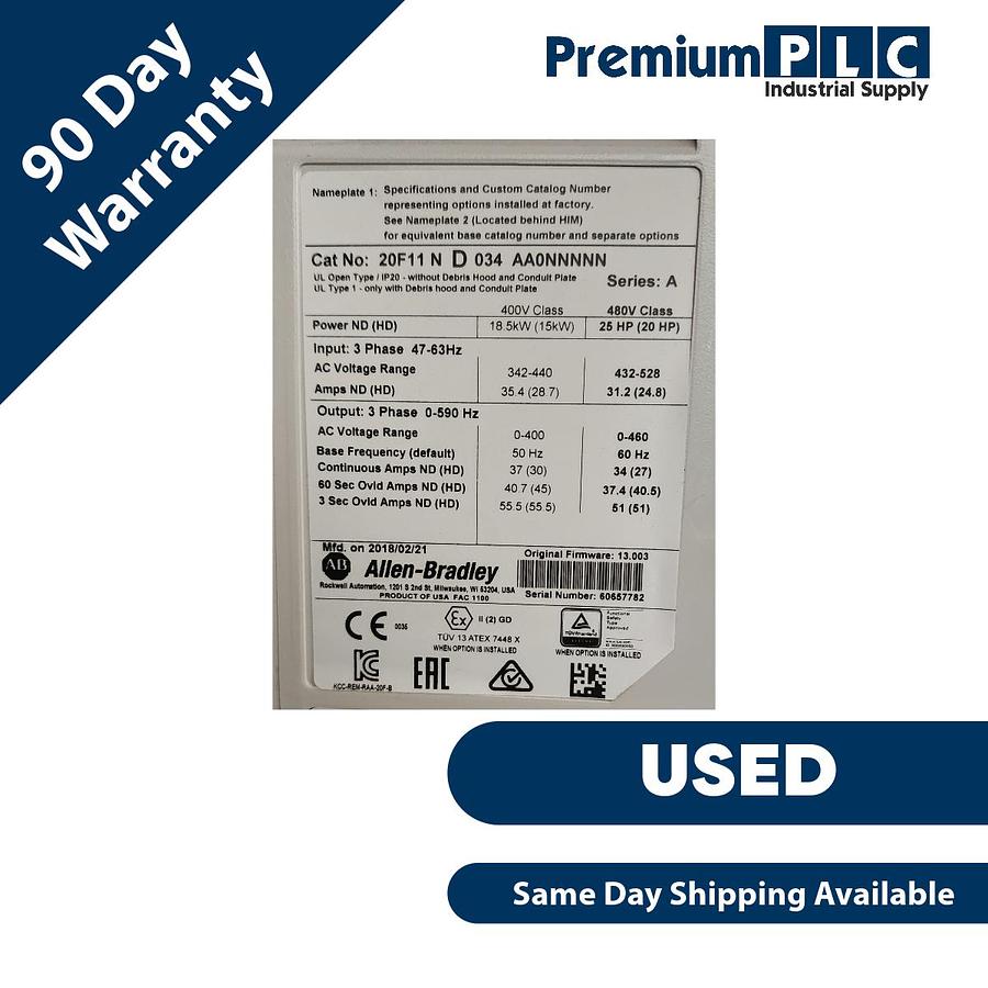 Used ALLEN BRADLEY 20F11ND034AA0NNNNN /A POWERFLEX 753 AC DRIVE 480VAC/3PH/34A/25HP