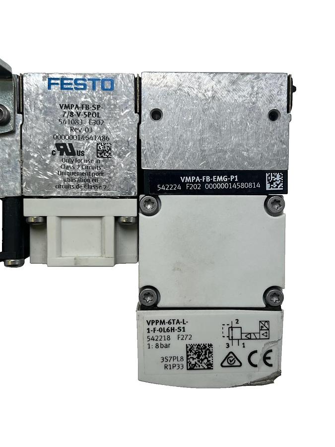 Used FESTO ASSEMBLY: MPA-S Manifold 2x VPPM-6TA Valves 3x VMPA2 Solenoids 7/8" Supply
