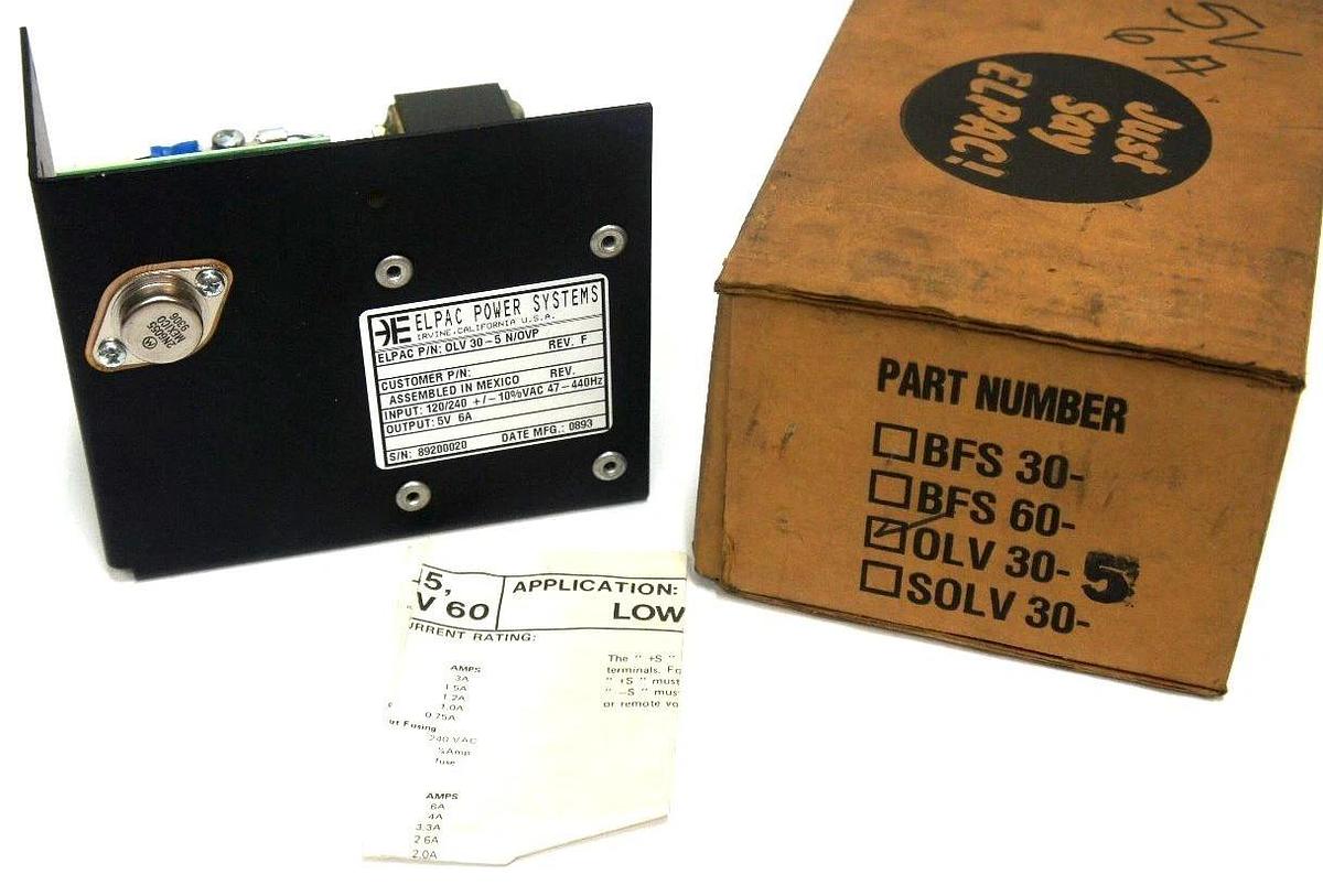 Used NIB ELPAC POWER SYSTEMS OLV 30-5 N/OVP POWER SUPPLY REV F 120/240VAC OLV305
