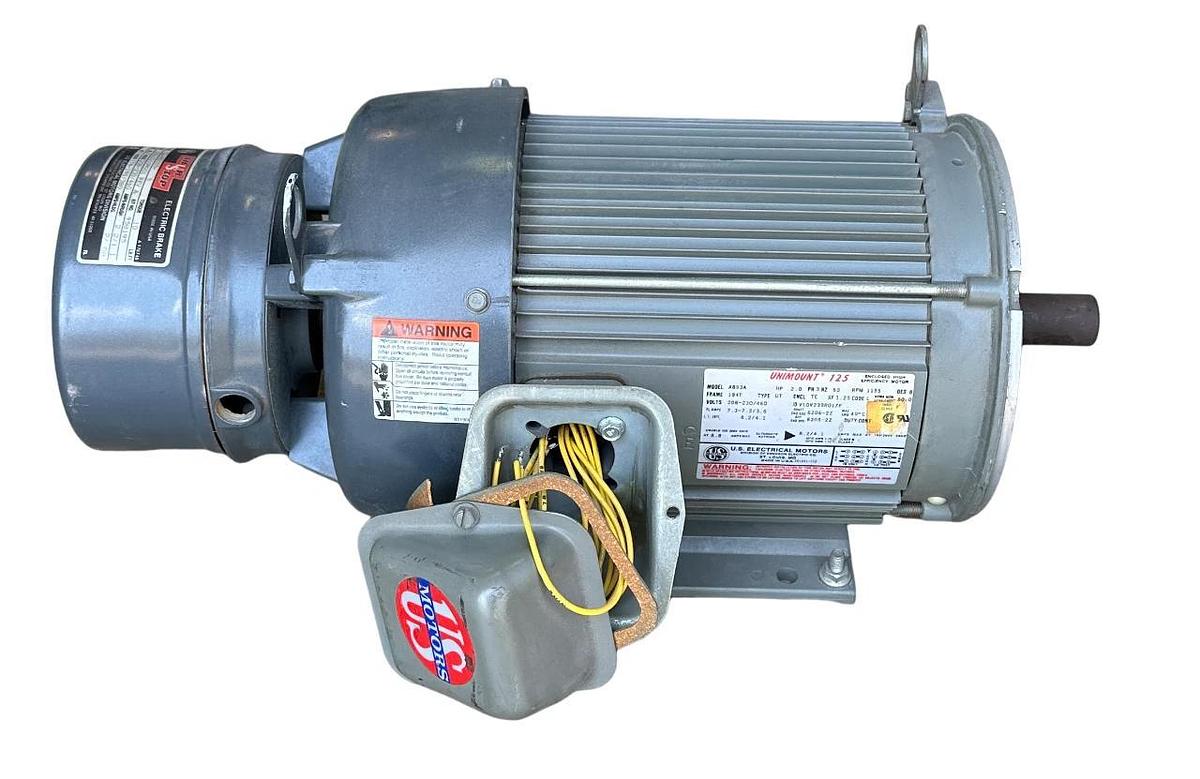 NEW US MOTORS A893A UNIMOUNT 125 MOTOR 2HP 3-PH W/ 105633109001 SHUR STOP BRAKE