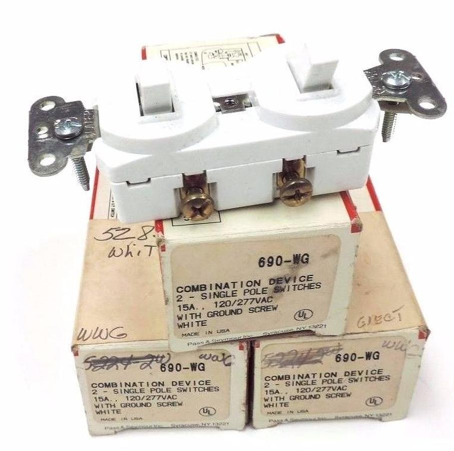 Used LOT OF 3 NIB PASS & SEYMOUR 690-WG COMBINATION DEVICE 2-SINGLE POLE 12A, 120/277