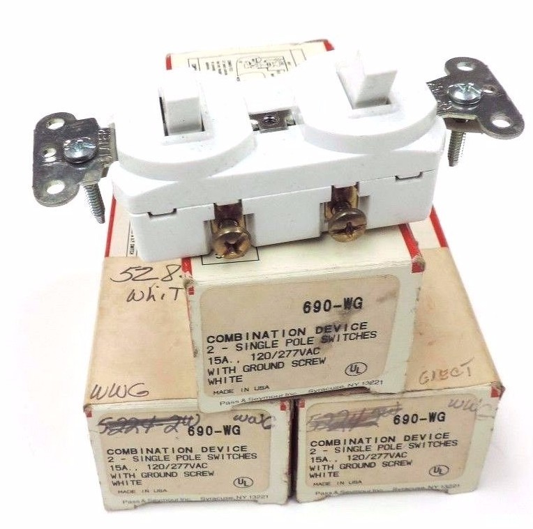 Used LOT OF 3 NIB PASS & SEYMOUR 690-WG COMBINATION DEVICE 2-SINGLE POLE 12A, 120/277