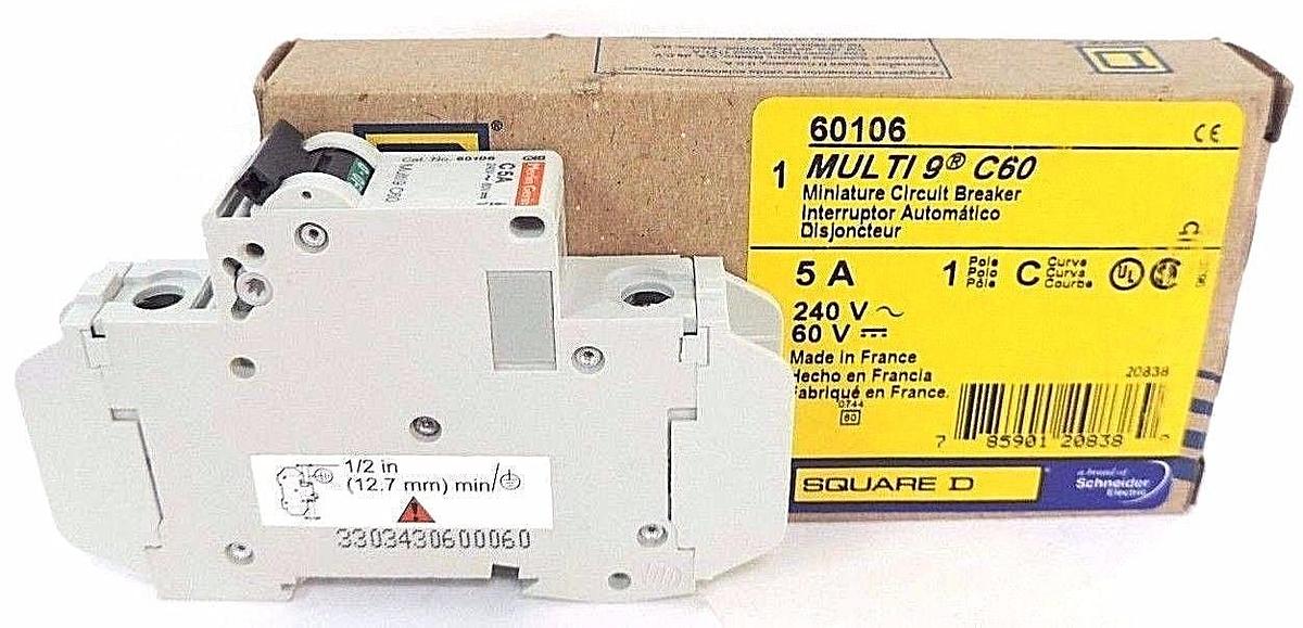 Used NIB SQUARE D MULTI 9 C60 MINIATURE CIRCUIT BREAKER 60106, 5A, 1POLE, C CURVE