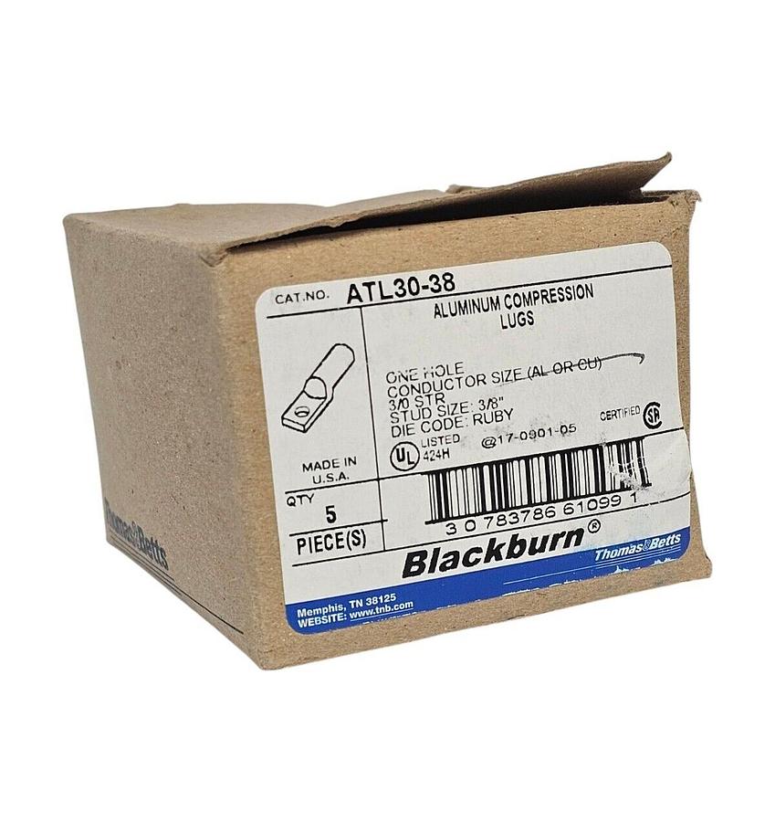 Used BOX OF 5 NEW BLACKBURN THOMAS & BETTS ATL30-38 ALUMINUM COMPRESSION LUGS