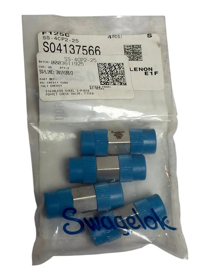 Used Lot of 4 Swagelok SS-4CP2-25 Stainless Steel Poppet Check Valve 1/4" NPT New