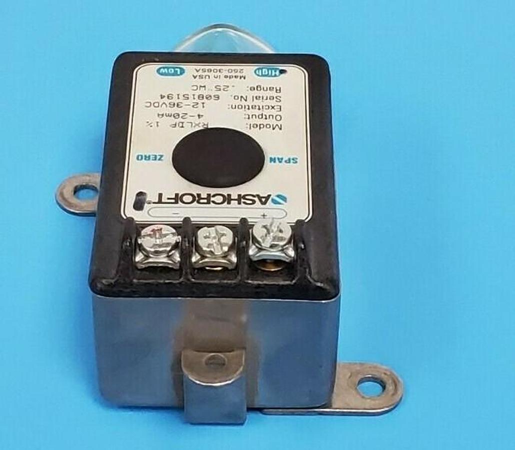 Used ASHCROFT RXLDP 1% PRESSURE TRANSMITTER 4-20mA, 12-36VDC, 0.25" WC RANGE