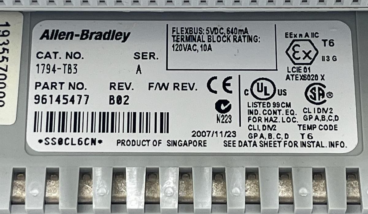 Used Allen Bradley 1794-TB3 Flex I/O Terminal Base | Ser A Rev B02 | PN 96145477