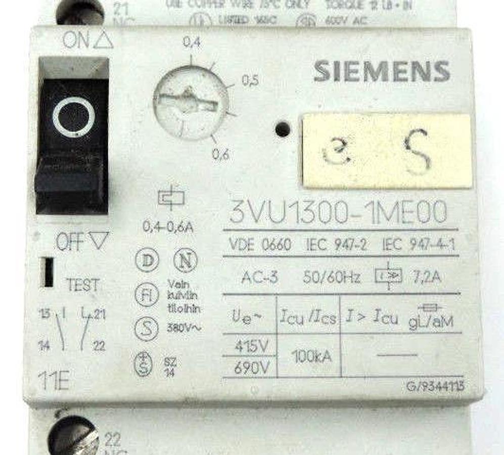 Used SIEMENS 3VU1300-1ME00 MANUAL MOTOR STARTER 3VU13001ME00, 0.4-0.6A, 3-POLE