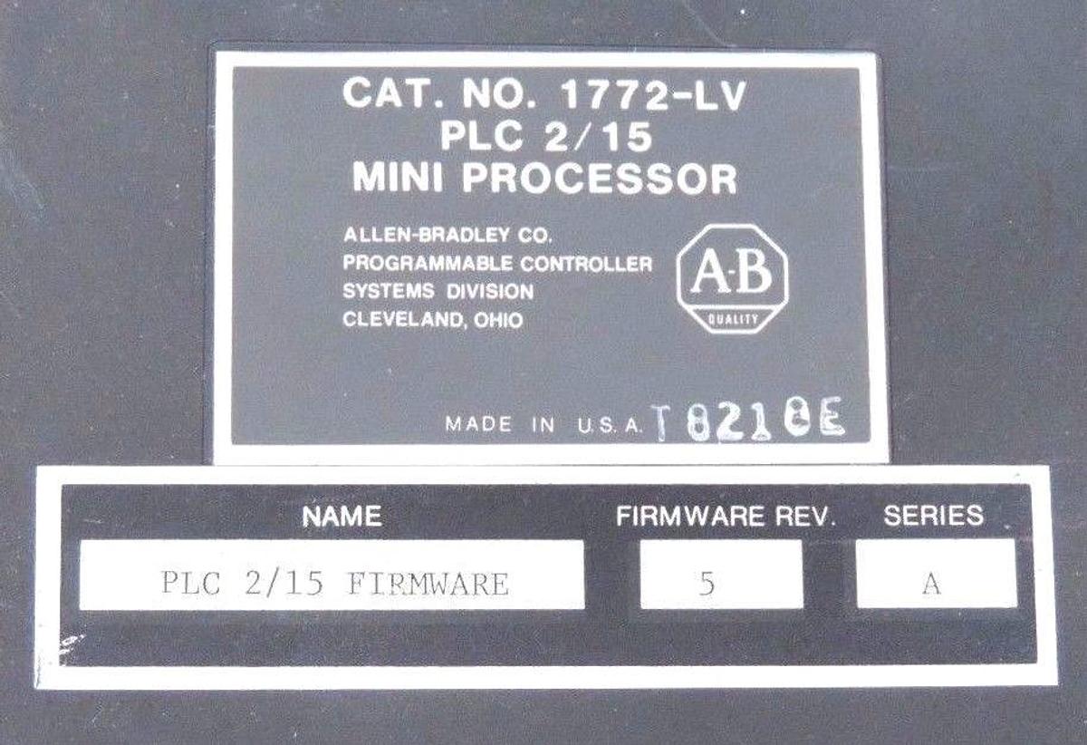 Used ALLEN BRADLEY 1772-LV SER. A MINI PROCESSOR F/W REV. 5, PLC 2/15, 1772LV