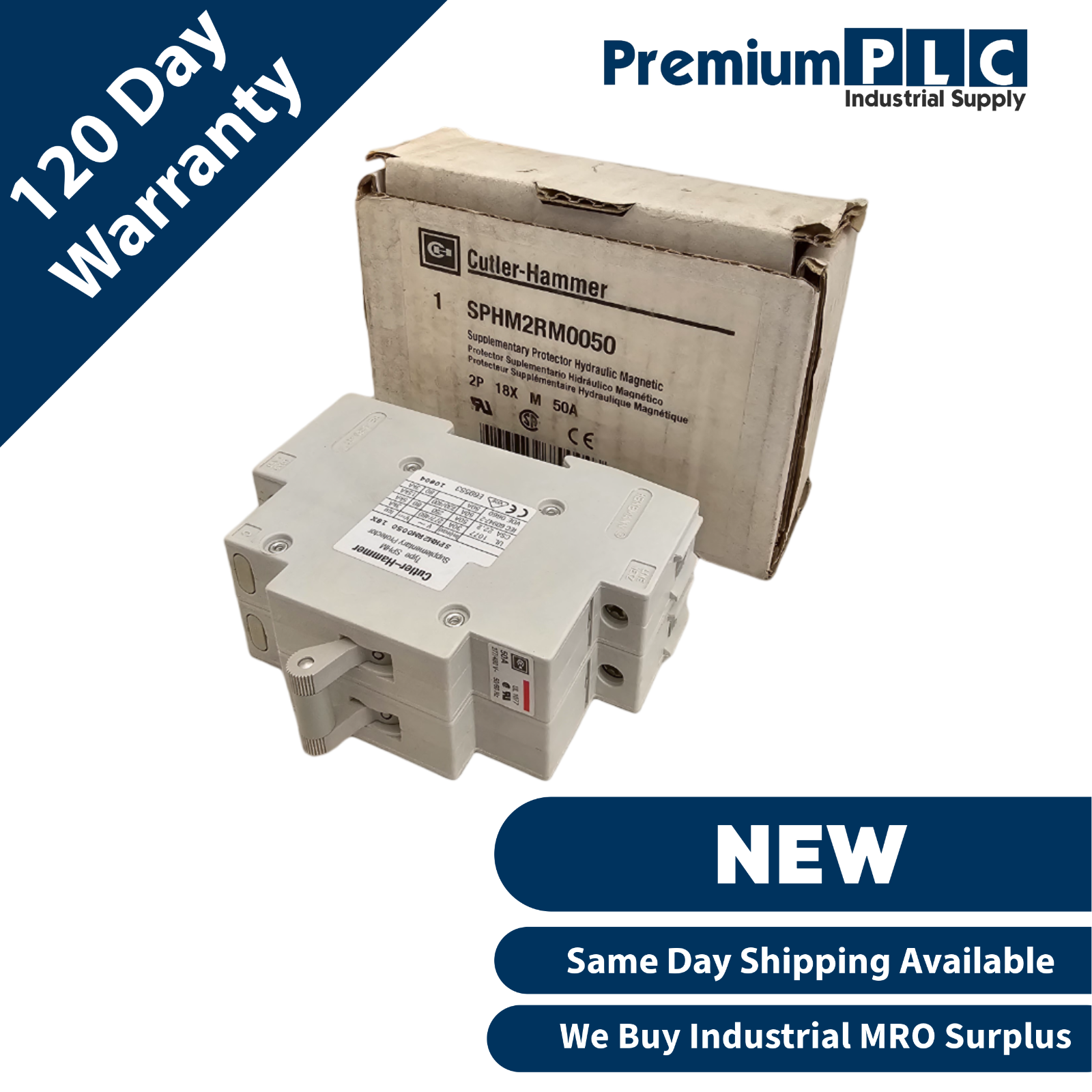 Used NEW CUTLER-HAMMER SPHM2RM0050 HYDRAULIC-MAGNETIC SUPPLEMENTARY PROTECTOR 50A 2P