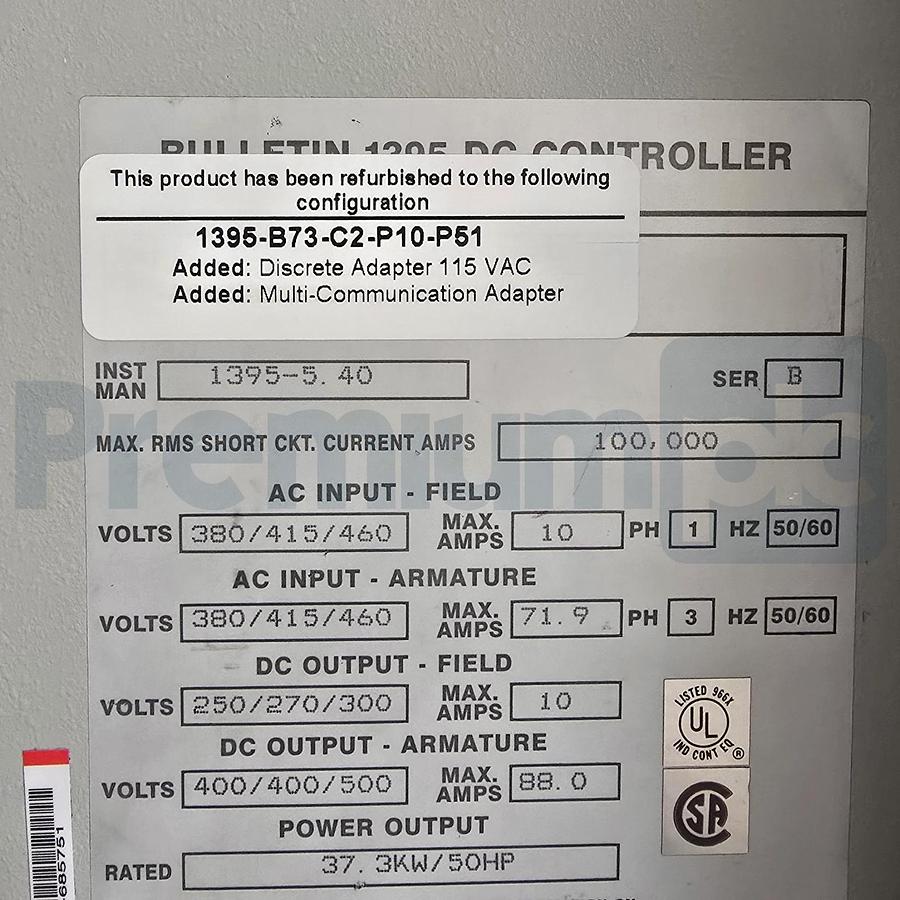 Refurbished Allen-Bradley 1395-B73-C2-P10-P51 /B Digital DC Drive 50HP 460VAC Regen REFURB