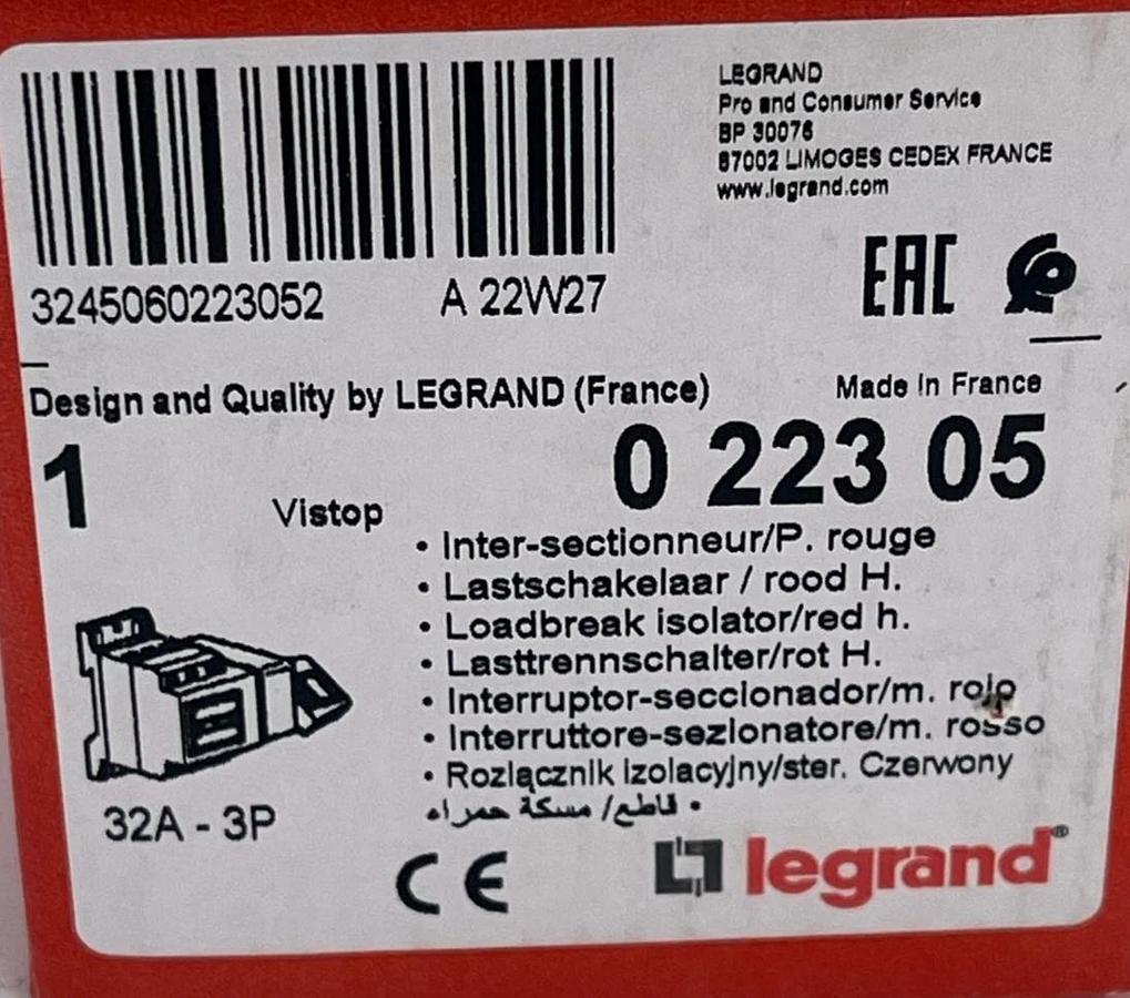 NEW Legrand Vistop 32A 3-Pole Load Break Switch Red Side Handle | Ref 022305