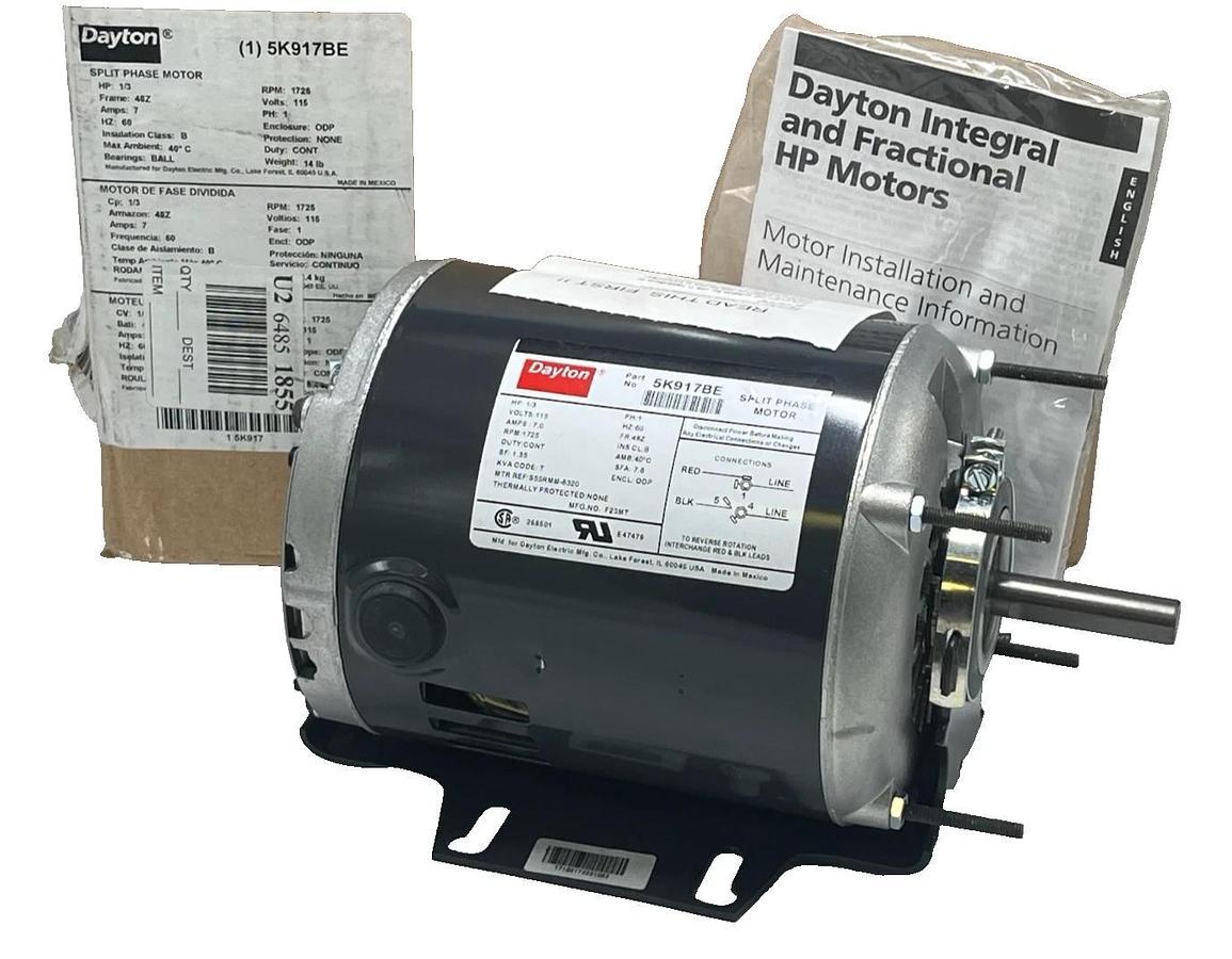 Dayton 5K917BE Split Phase Motor 1/3 HP 1725 RPM 115V 48Z Frame ODP