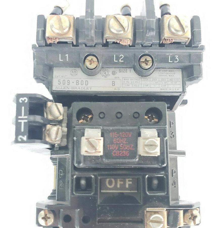 Used ALLEN BRADLEY 509-BOD SIZE 1 STARTER SER. B W/ CB236 COIL 42185-800-01, 595-A B