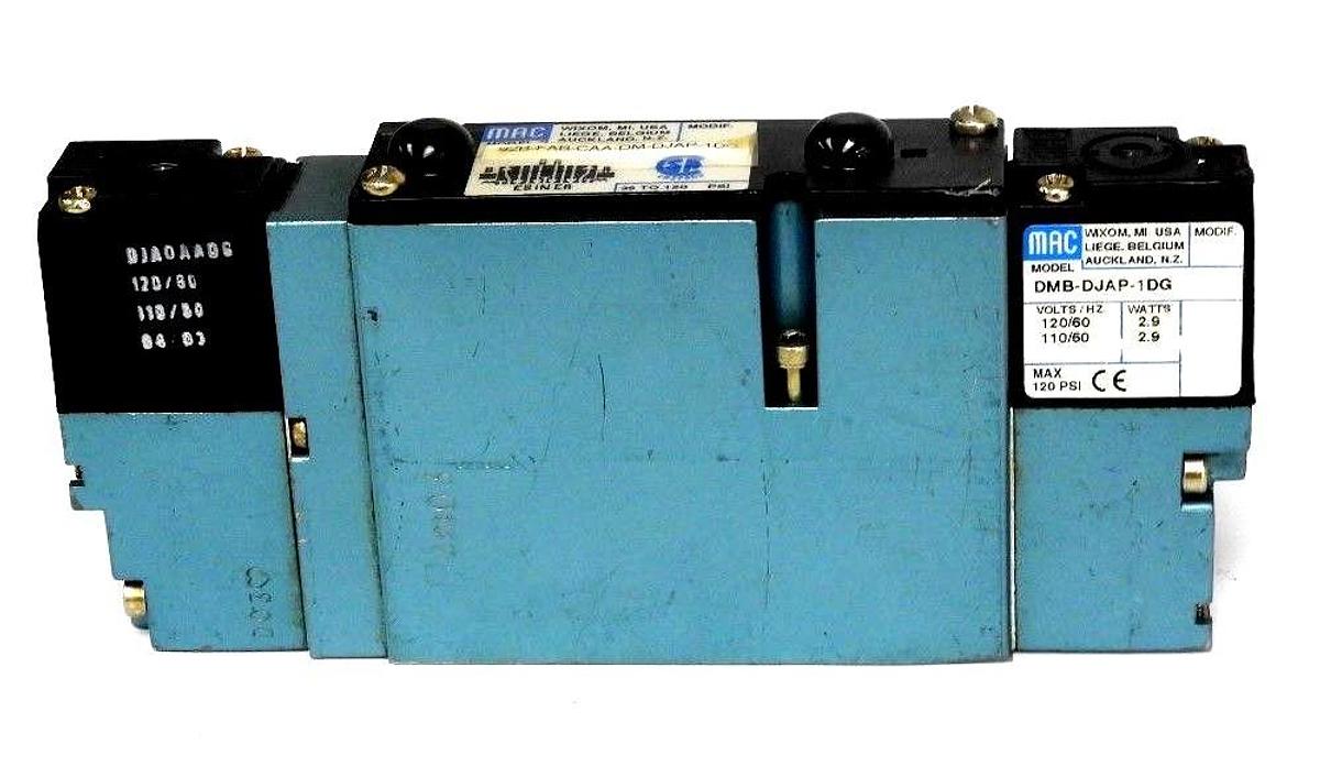 Used MAC 92B-FAB-CAA-DM-DJAP-1DG SOLENOID VALVE W/ TWO DMB-DJAP-1DG VALVES