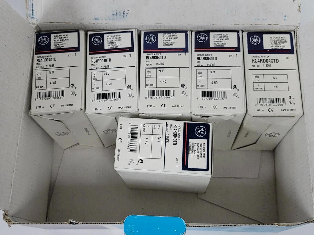 Used LOT OF 6 NIB GENERAL ELECTRIC RL4RD040TD RELAYS, 4 POLE, 24V COIL