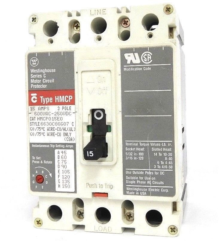 Used WESTINGHOUSE HMCP015E0 CIRCUIT BREAKER STYLE: 6630C86G07, SER. C, 15AMP, 3-POLE